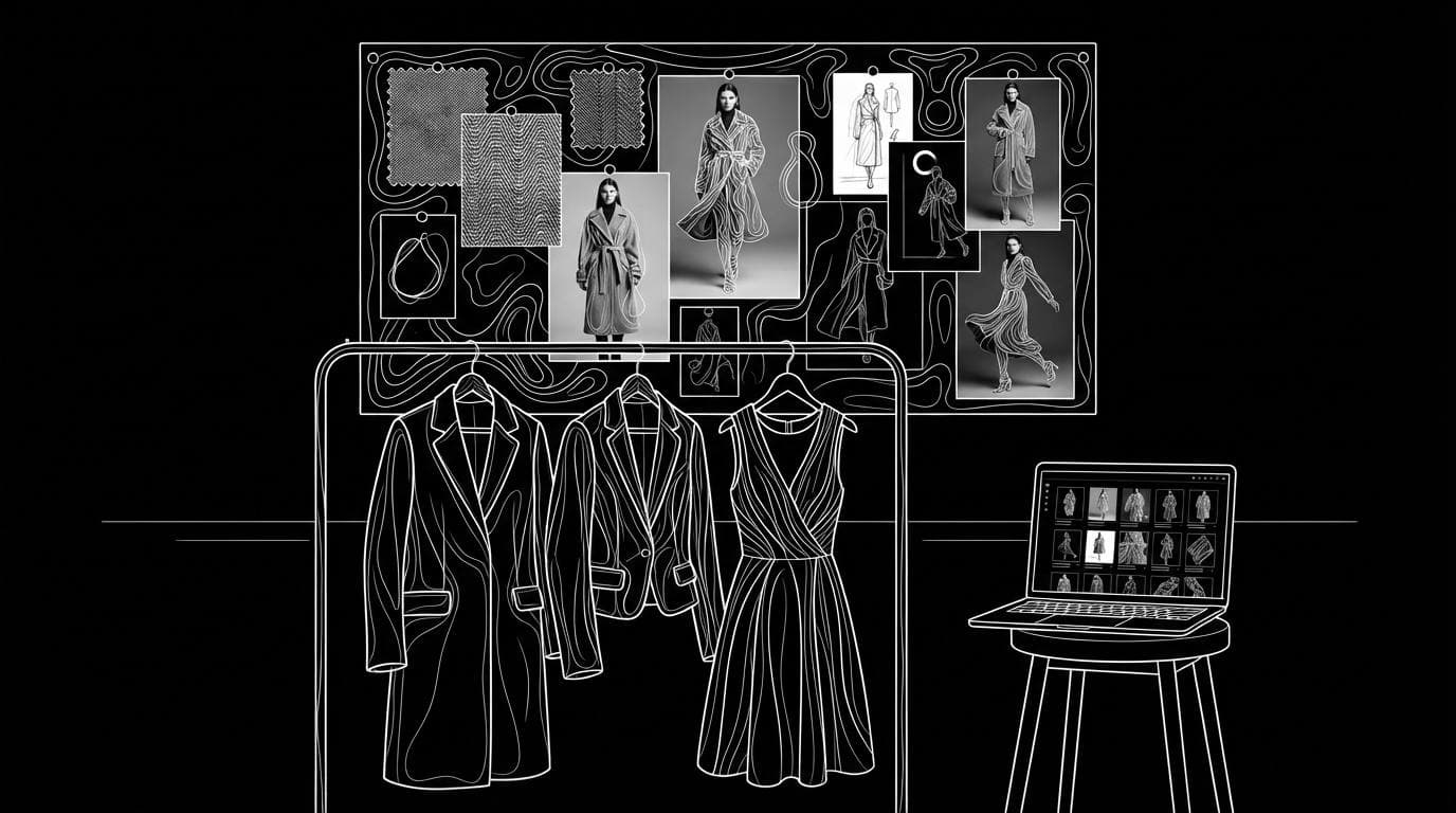 A fashion mood board with fabric swatches and model photos beside a clothing rail and a laptop.