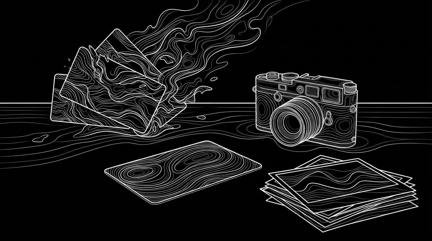 Several membership cards swept aside with one card in front, beside a small film camera and photo prints